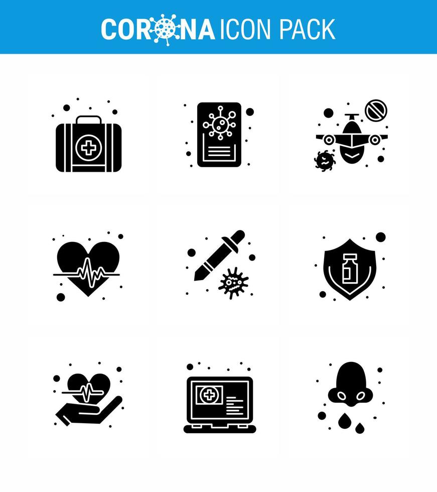 9 Solid Glyph Black Set of corona virus epidemic icons such as  virus healthcare travel dropper pulse viral coronavirus 2019nov disease Vector Design Elements