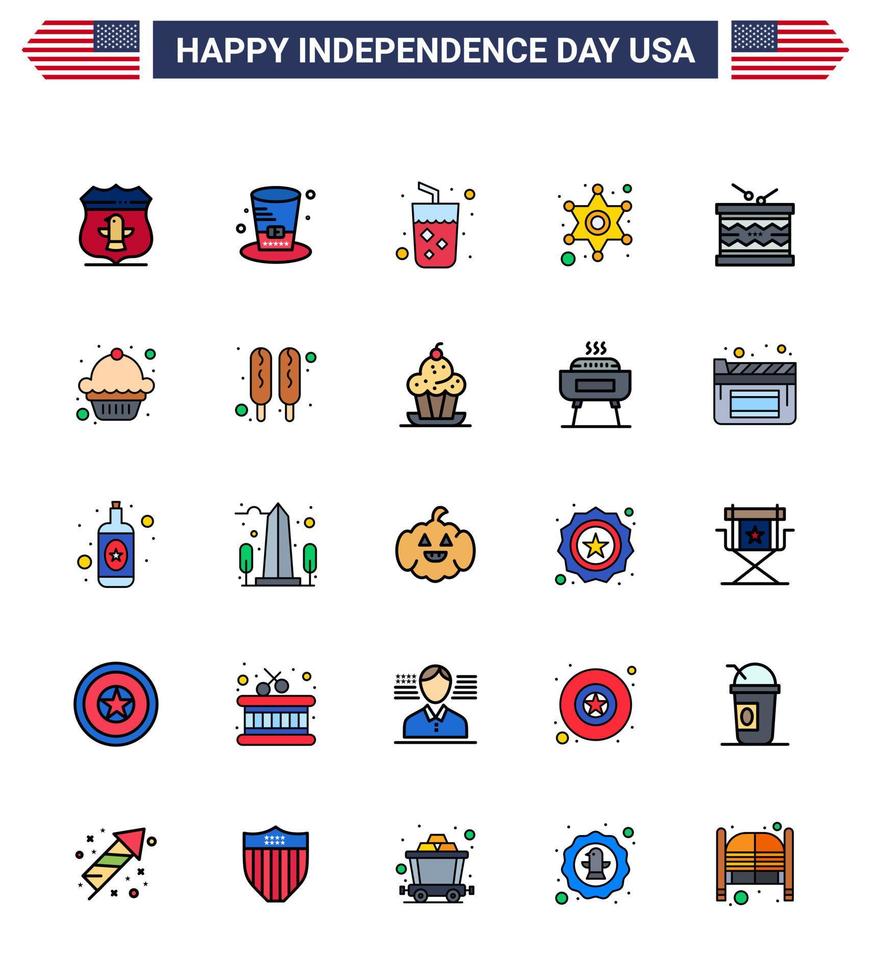 Editable Vector Flat Filled Line Pack of USA Day 25 Simple Flat Filled Lines of instrument police sign alcohol star men Editable USA Day Vector Design Elements