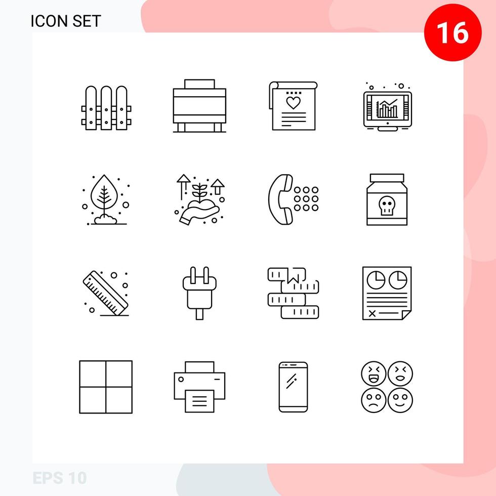 Pack of 16 creative Outlines of leaf plant wedding growth online Editable Vector Design Elements