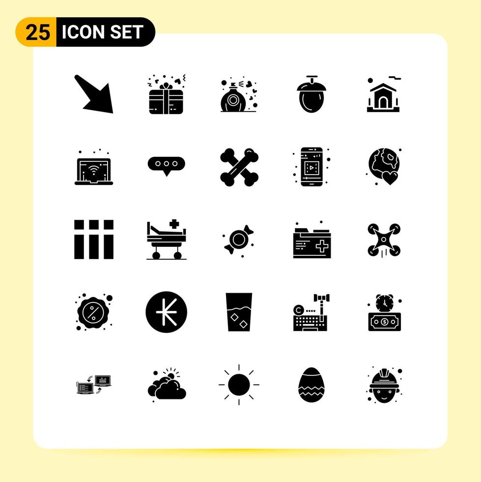 Pack of 25 Modern Solid Glyphs Signs and Symbols for Web Print Media such as estate house love home nuts Editable Vector Design Elements