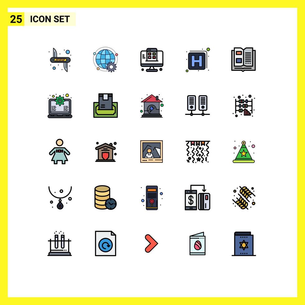 25 User Interface Filled line Flat Color Pack of modern Signs and Symbols of book medicine globe hospital mobile Editable Vector Design Elements
