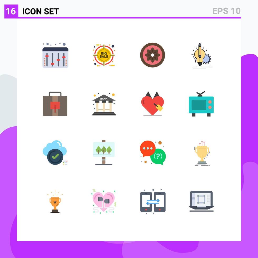 Pack of 16 Modern Flat Colors Signs and Symbols for Web Print Media such as briefcase lamp food key idea Editable Pack of Creative Vector Design Elements