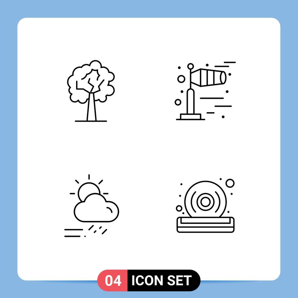 4 Universal Line Signs Symbols of tree season windy cloud disc Editable Vector Design Elements