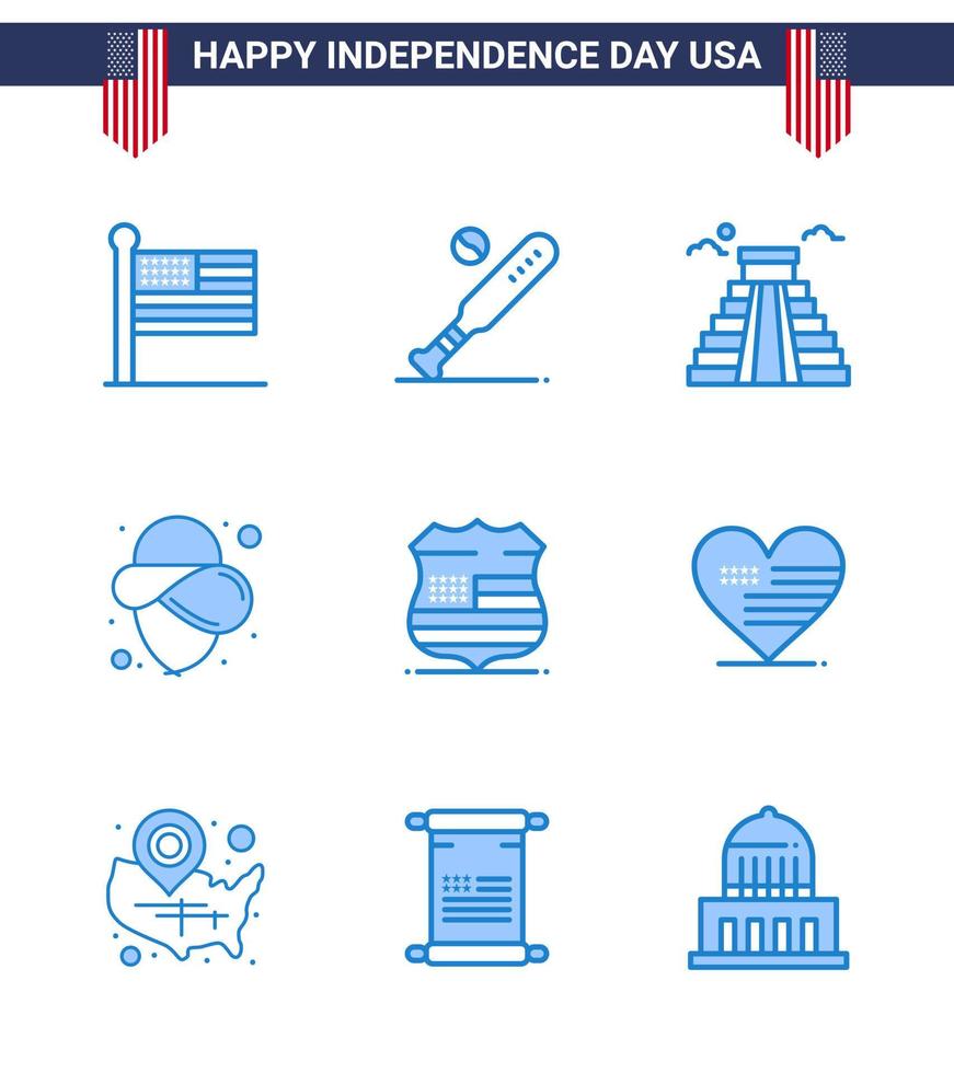 paquete de 9 signos de blues de celebración del día de la independencia de estados unidos y símbolos del 4 de julio, como sign hat usa cowboy usa elementos de diseño vectorial editables del día de estados unidos vector