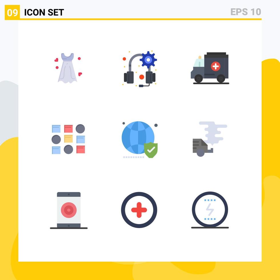 User Interface Pack of 9 Basic Flat Colors of world shield medical globe data scince Editable Vector Design Elements