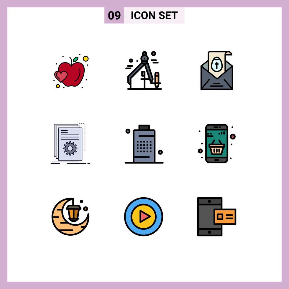 Modern Set of 9 Filledline Flat Colors and symbols such as cell script mail program build Editable Vector Design Elements