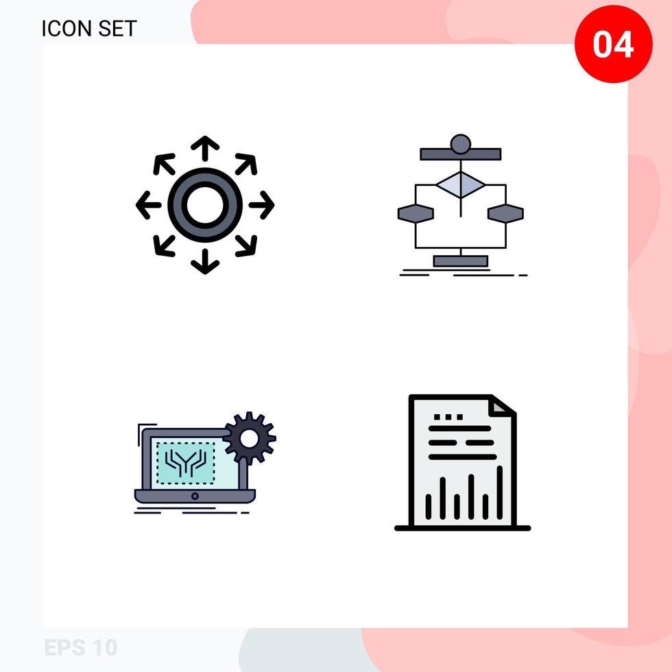 Pack of 4 Modern Filledline Flat Colors Signs and Symbols for Web Print Media such as network blueprint arrow data electronics Editable Vector Design Elements