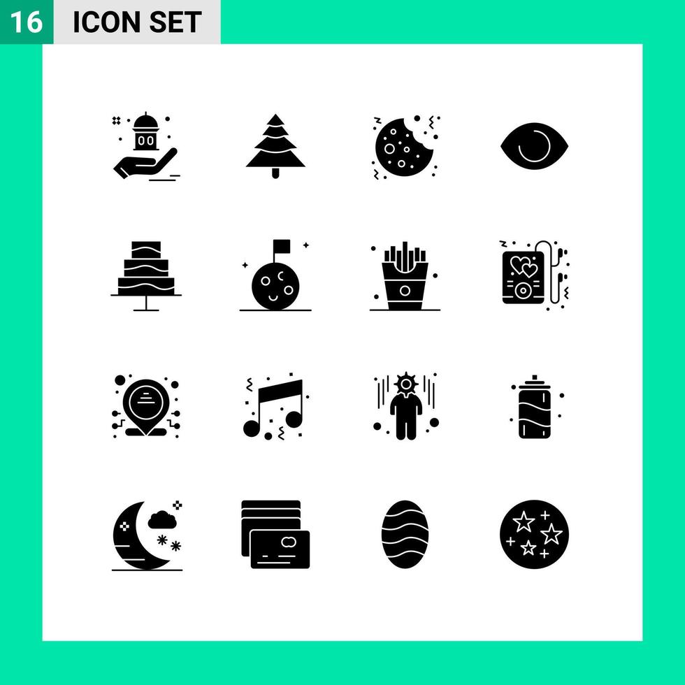 Pack of 16 creative Solid Glyphs of photo editor cookie vision face Editable Vector Design Elements