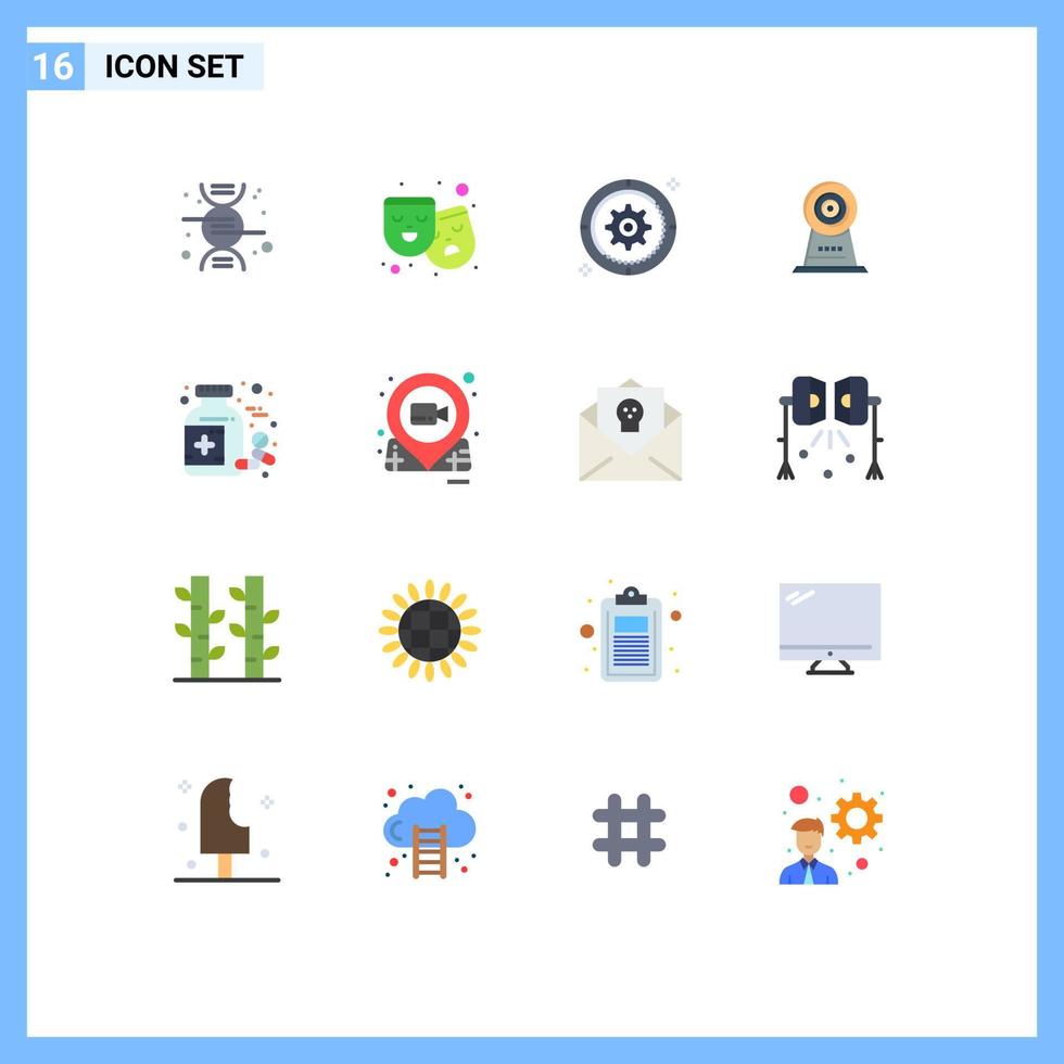 Pack of 16 Modern Flat Colors Signs and Symbols for Web Print Media such as medicine hotel gear security camera Editable Pack of Creative Vector Design Elements