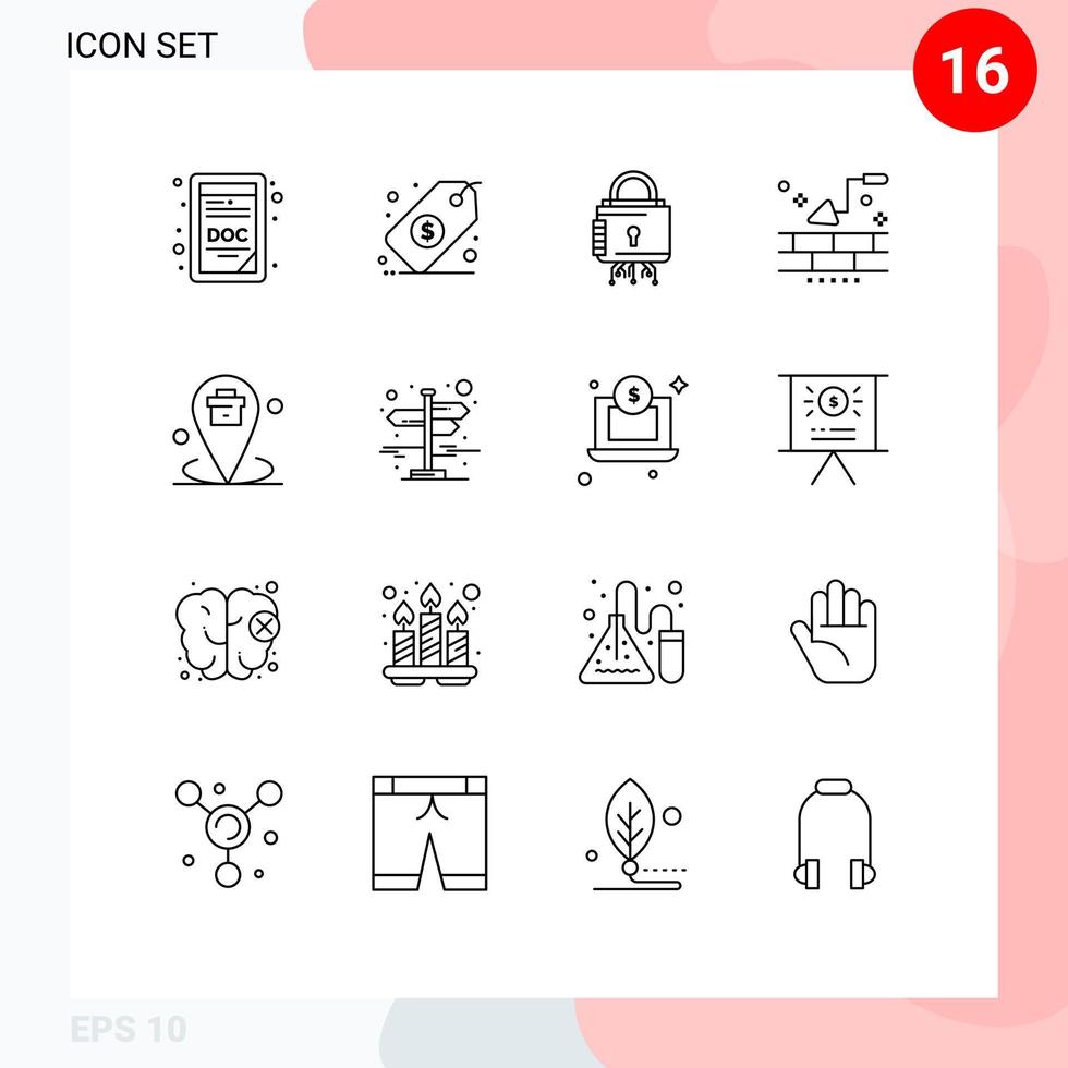 Mobile Interface Outline Set of 16 Pictograms of corporate wall cyber trowel brick Editable Vector Design Elements