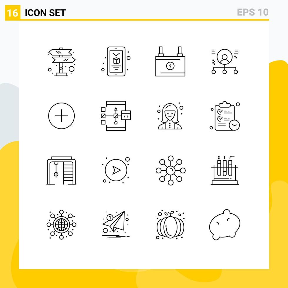 Set of 16 Vector Outlines on Grid for add people battery man employee Editable Vector Design Elements