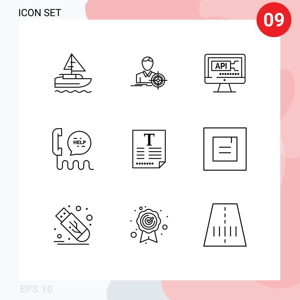 Pack of 9 Modern Outlines Signs and Symbols for Web Print Media such as file contact computer communication call Editable Vector Design Elements