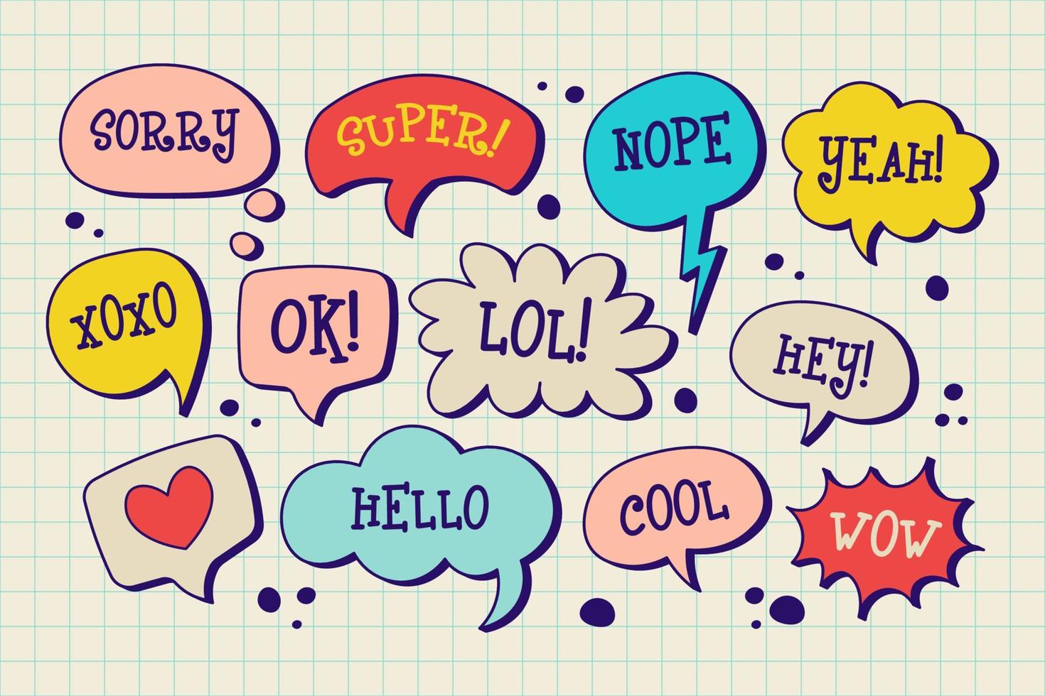 Cartoon cute speech bubble doodles. Hand drawn set of dialog windows with phrases vector