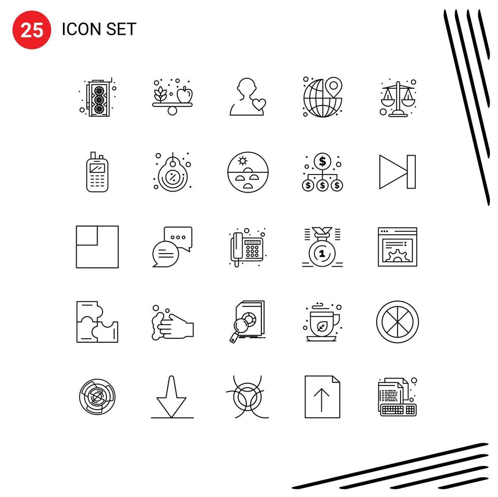 Pictogram Set of 25 Simple Lines of scales balance love travel pin Editable Vector Design Elements