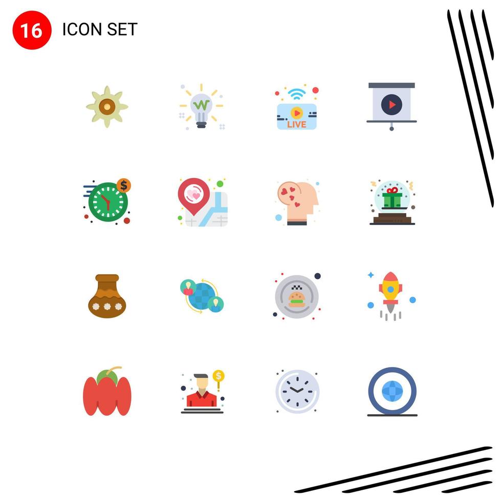 Mobile Interface Flat Color Set of 16 Pictograms of time dollar broadcasting clock business Editable Pack of Creative Vector Design Elements