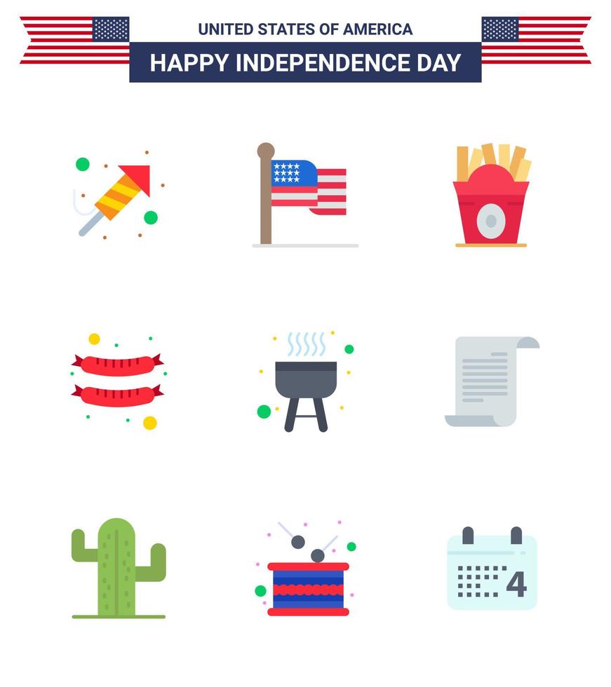 grupo de 9 pisos establecidos para el día de la independencia de los estados unidos de américa, como cocinar barbacoa frise salchicha comida editable día de estados unidos elementos de diseño vectorial vector