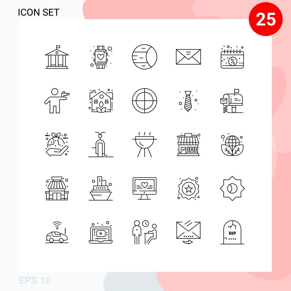 Set of 25 Commercial Lines pack for calendar message planet mail envelope Editable Vector Design Elements