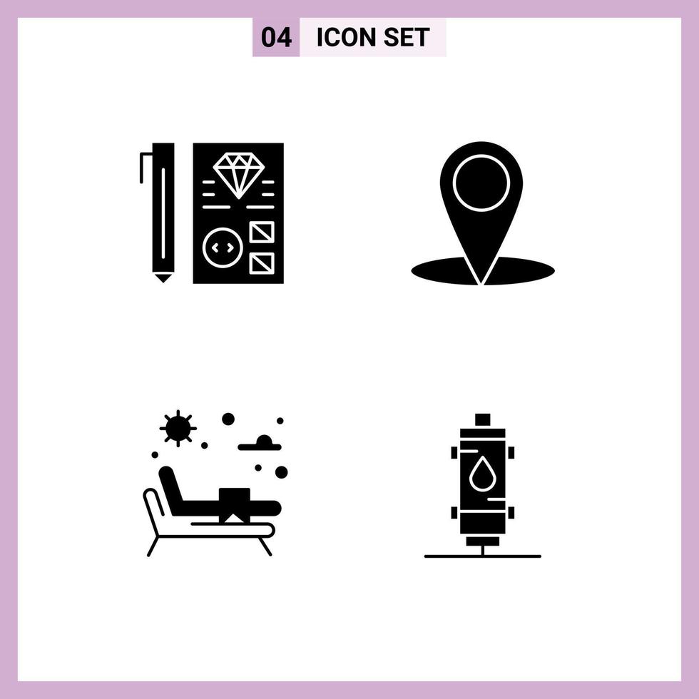 Pack of 4 Modern Solid Glyphs Signs and Symbols for Web Print Media such as coding park planning map heater Editable Vector Design Elements