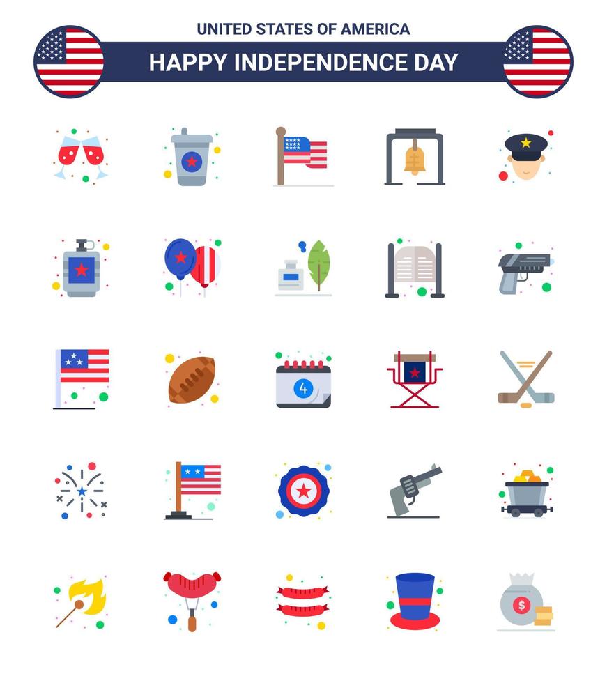 Set of 25 Modern Flats pack on USA Independence Day alcoholic officer thanksgiving man christmas bell Editable USA Day Vector Design Elements