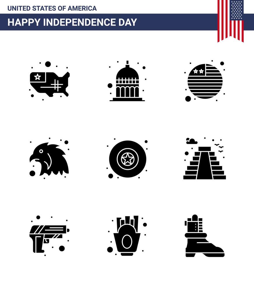 4th July USA Happy Independence Day Icon Symbols Group of 9 Modern Solid Glyphs of american military country badge bird Editable USA Day Vector Design Elements