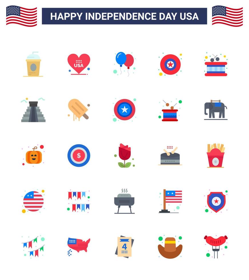 4th July USA Happy Independence Day Icon Symbols Group of 25 Modern Flats of instrument star usa military party Editable USA Day Vector Design Elements