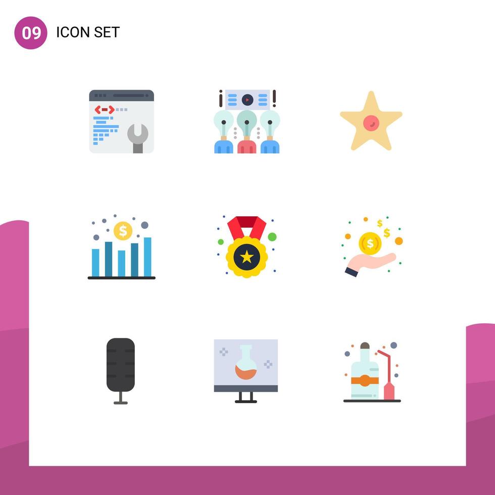 Pack of 9 Modern Flat Colors Signs and Symbols for Web Print Media such as reward revenue film profit chart Editable Vector Design Elements