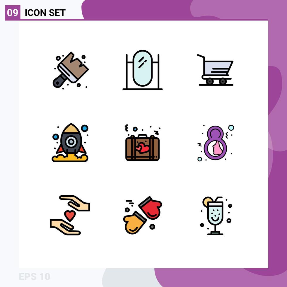 Modern Set of 9 Filledline Flat Colors and symbols such as romance briefcase cart bag shuttle Editable Vector Design Elements
