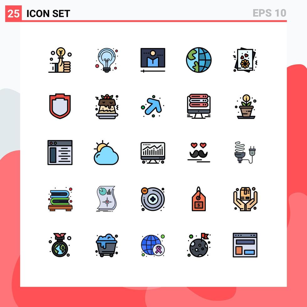 25 Universal Filled line Flat Colors Set for Web and Mobile Applications globe contact us broadcast contact player Editable Vector Design Elements