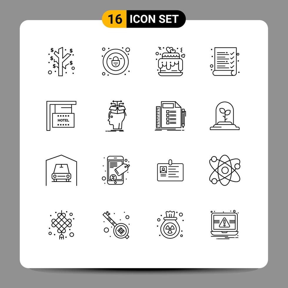 conjunto moderno de 16 contornos pictografía de datos vacaciones amor colgando encuesta elementos de diseño vectorial editables vector