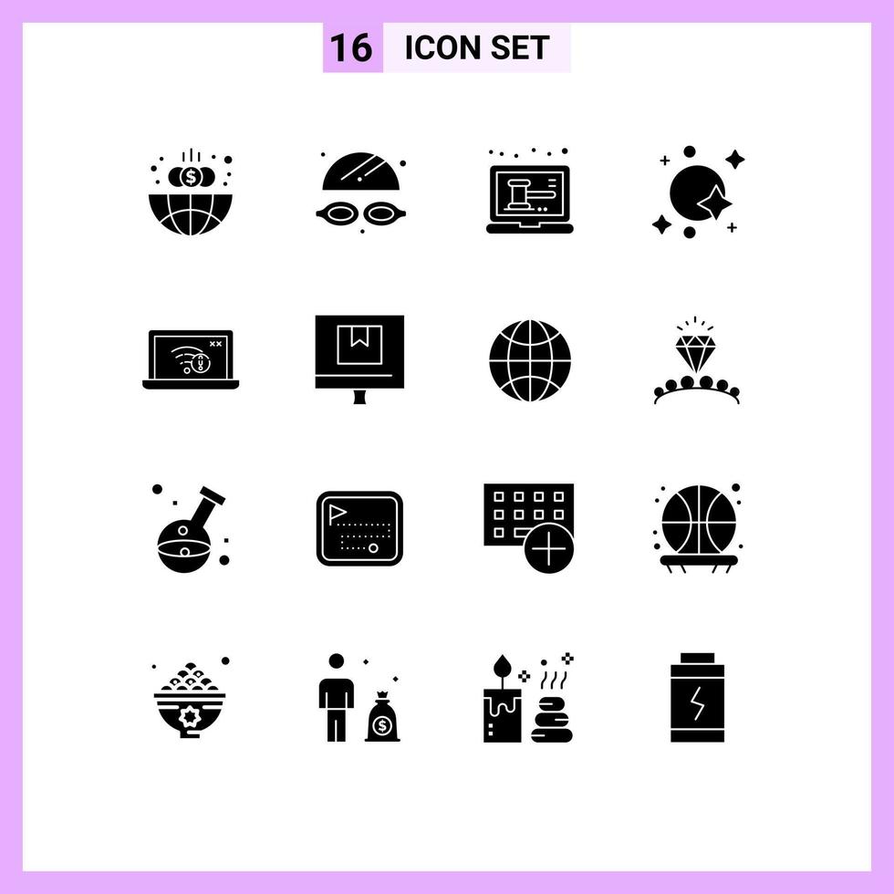 Mobile Interface Solid Glyph Set of 16 Pictograms of error spaceship laptop space galaxy Editable Vector Design Elements