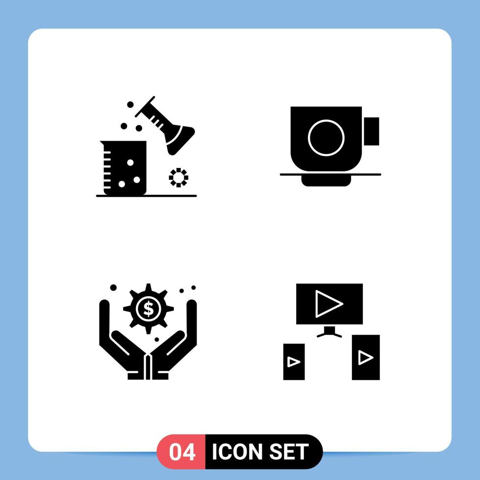 conjunto moderno de 4 glifos y símbolos sólidos, como la ciencia química, la administración empresarial, la ciencia de la materia, las operaciones comerciales del café, los elementos de diseño vectorial editables. vector