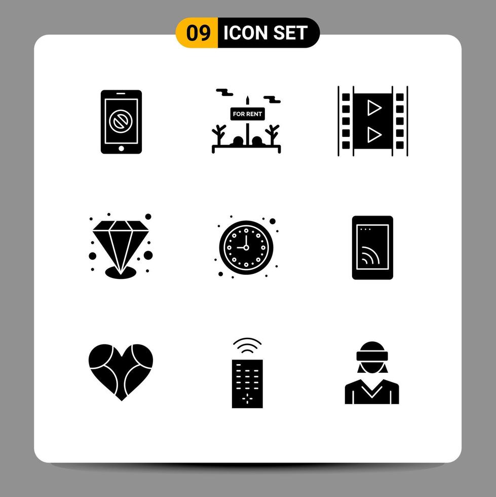 Group of 9 Solid Glyphs Signs and Symbols for clock value able for rent quality multimedia Editable Vector Design Elements