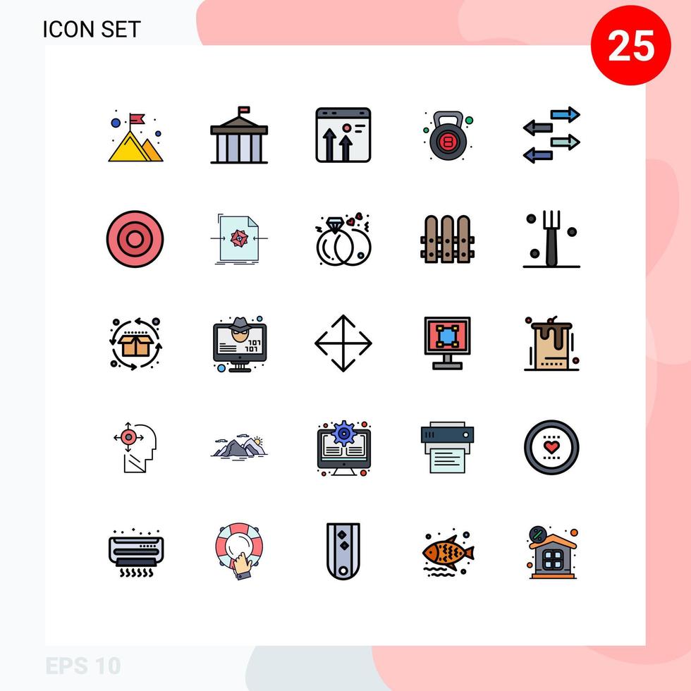 paquete de 25 modernos signos y símbolos de colores planos de línea rellena para medios de impresión web, como elementos de diseño de vectores editables de negocios de crecimiento de la cancha de gimnasio de peso