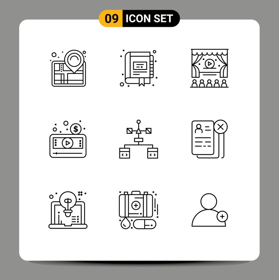 Set of 9 Modern UI Icons Symbols Signs for app player notebook media player money Editable Vector Design Elements