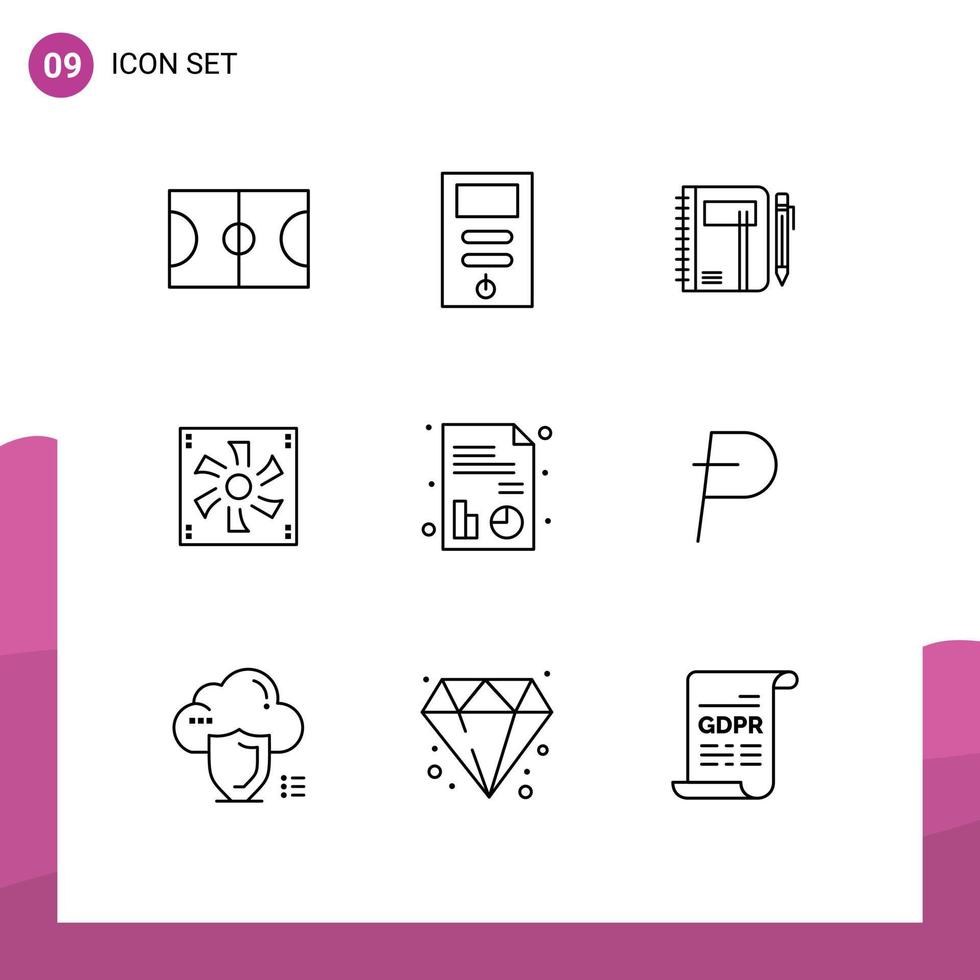 Group of 9 Outlines Signs and Symbols for device compter business cooler fan pen Editable Vector Design Elements