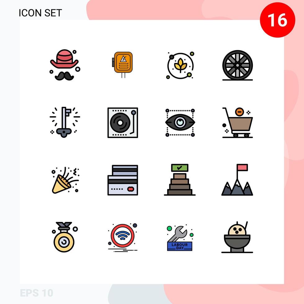 Group of 16 Flat Color Filled Lines Signs and Symbols for devices money leaf key wheel Editable Creative Vector Design Elements