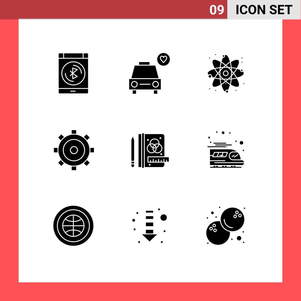 Pictogram Set of 9 Simple Solid Glyphs of stationery creative energy ui gear Editable Vector Design Elements