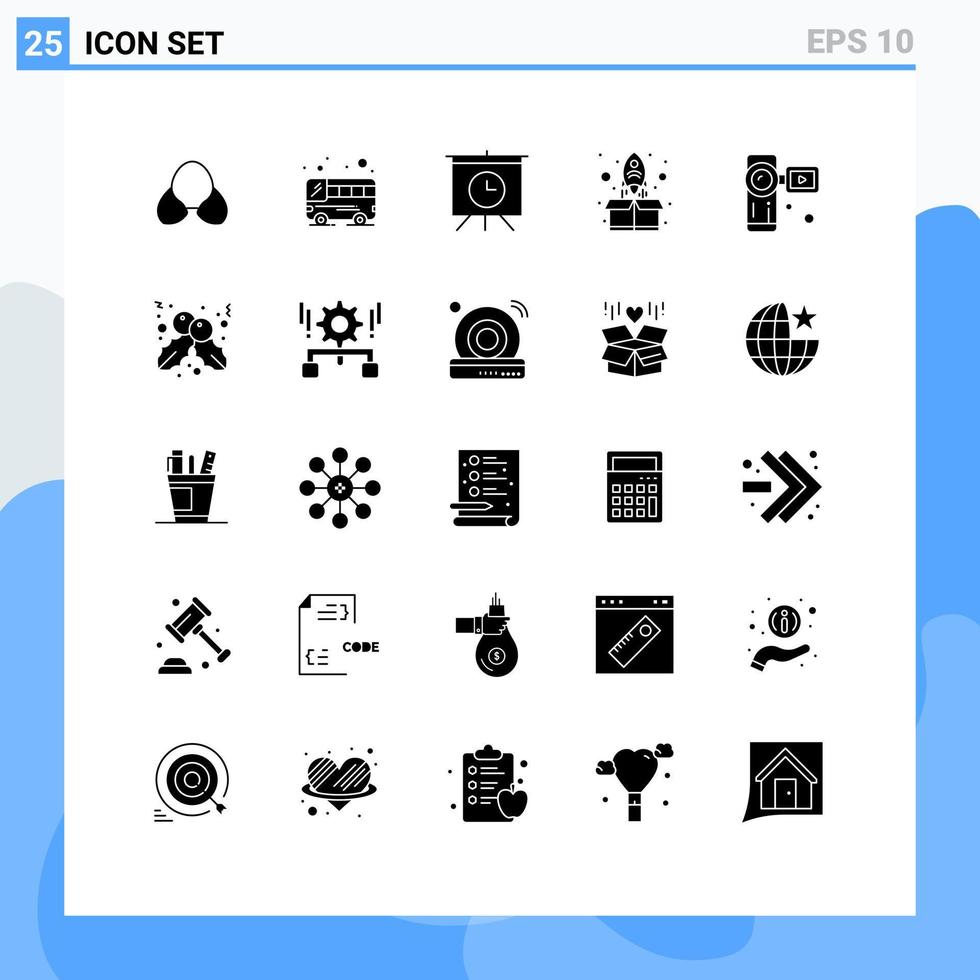grupo de 25 signos y símbolos de glifos sólidos para el paquete de placa de videocámara que inicia elementos de diseño de vectores editables