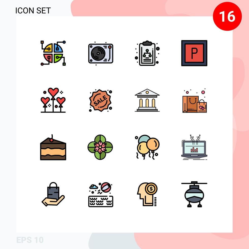 16 interfaz de usuario paquete de líneas llenas de color plano de signos y símbolos modernos de etiqueta diagrama de san valentín globo de fiesta elementos de diseño de vectores creativos editables