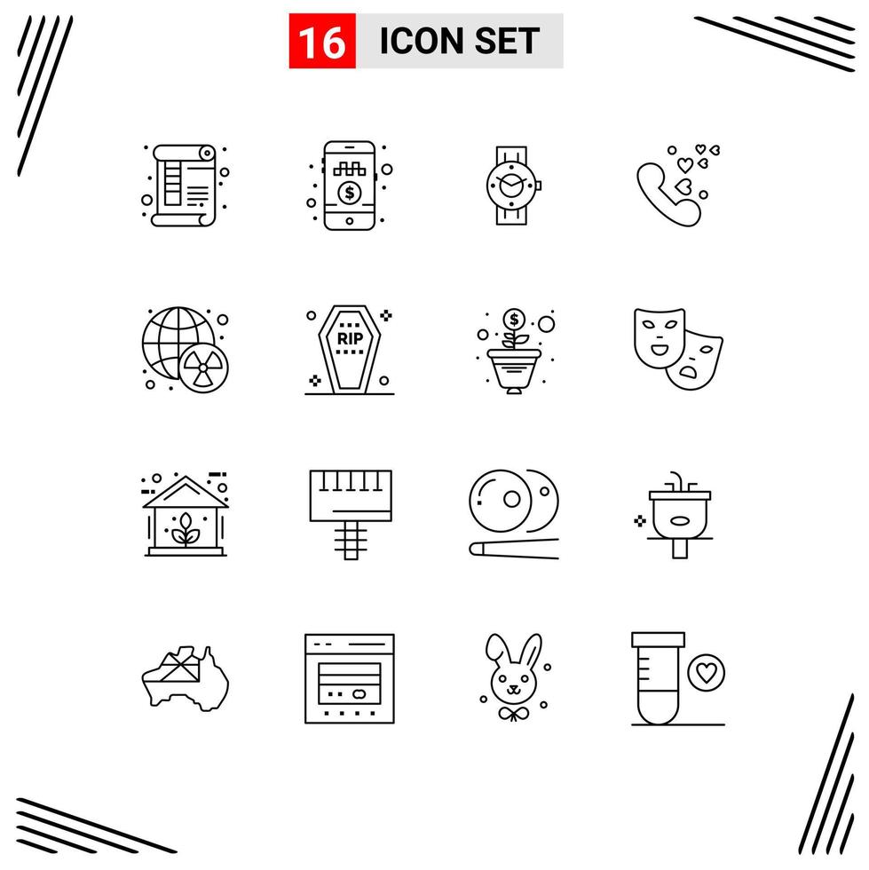 grupo universal de símbolos de icono de 16 contornos modernos de elementos de diseño de vector editables de teléfono de viaje de amor de boda