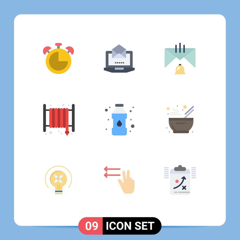 Group of 9 Flat Colors Signs and Symbols for bottle fire bell emergency help Editable Vector Design Elements