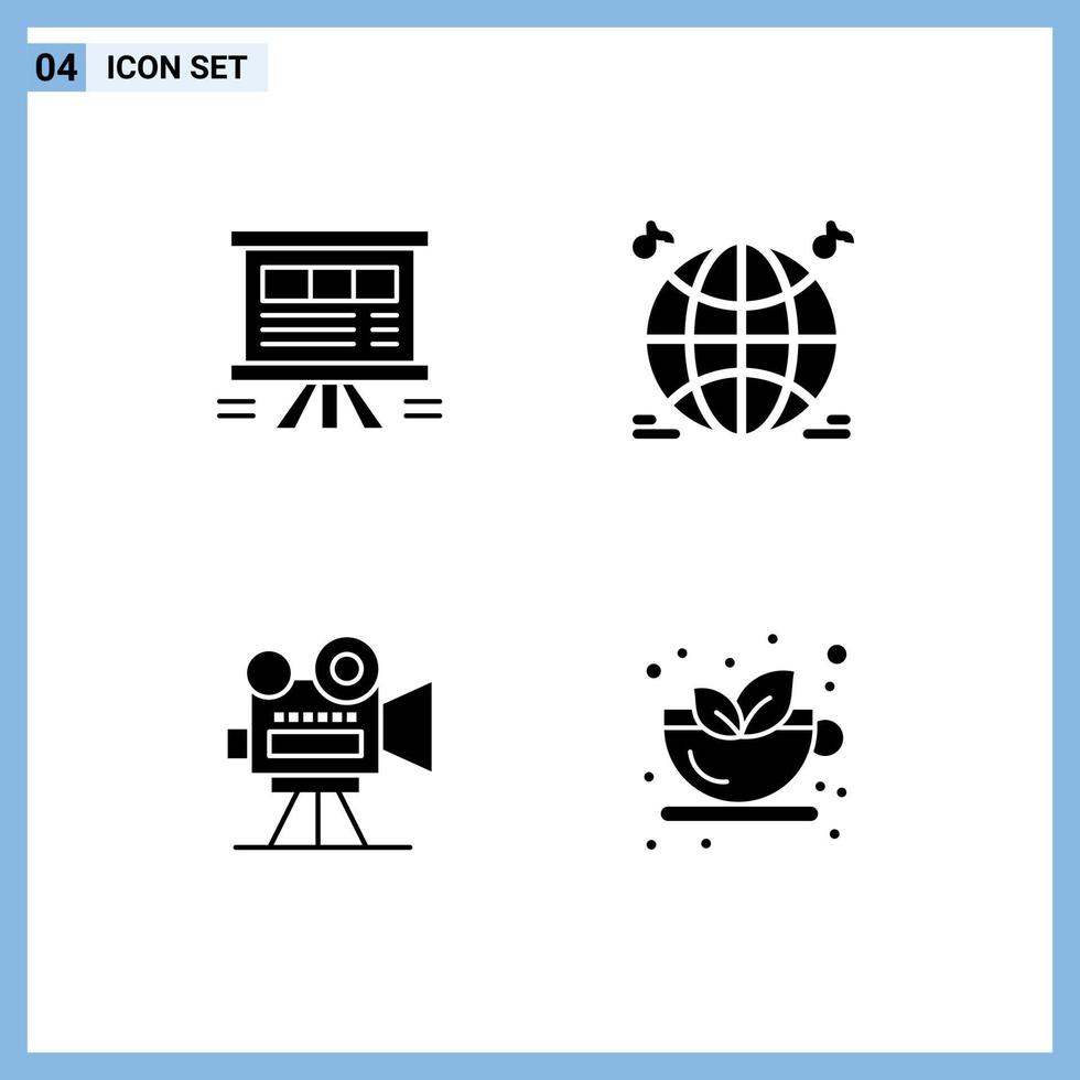 Set of 4 Vector Solid Glyphs on Grid for analytics film camera chart music video Editable Vector Design Elements