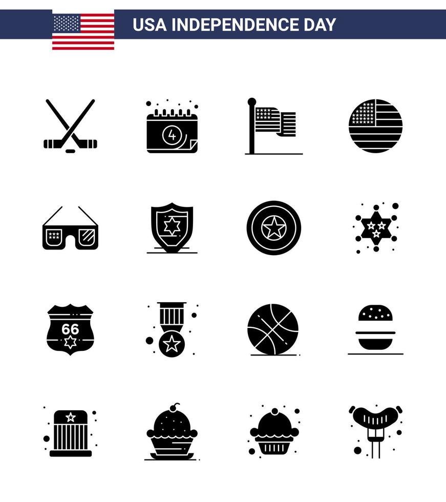4 de julio usa feliz día de la independencia icono símbolos grupo de 16 glifos sólidos modernos de protección usa american imerican gafas de sol editable usa day elementos de diseño vectorial vector