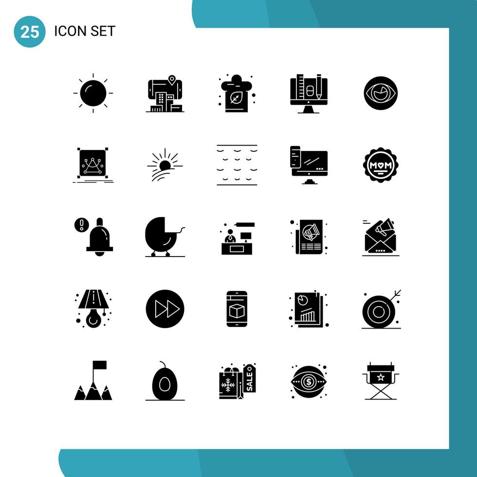 Modern Set of 25 Solid Glyphs and symbols such as eye pincil cook scale computer Editable Vector Design Elements