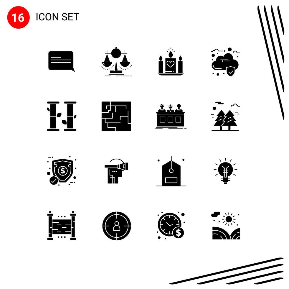 Solid Glyph Pack of 16 Universal Symbols of summer bamboo candle security cloud Editable Vector Design Elements