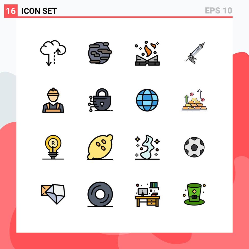 Group of 16 Modern Flat Color Filled Lines Set for labour man construction book repair sealant Editable Creative Vector Design Elements
