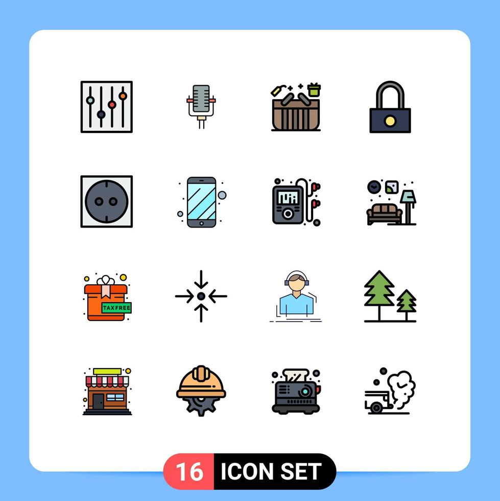 16 Universal Flat Color Filled Lines Set for Web and Mobile Applications cell phone electric cart security lock Editable Creative Vector Design Elements