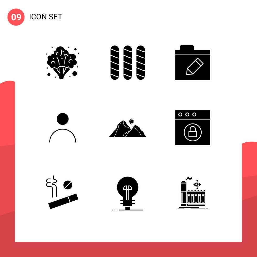 Editable Vector Line Pack of 9 Simple Solid Glyphs of mountain landscape folder hill profile Editable Vector Design Elements