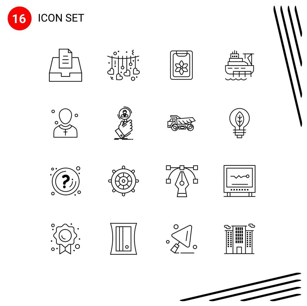 Pictogram Set of 16 Simple Outlines of male christian clipboard construction boat Editable Vector Design Elements