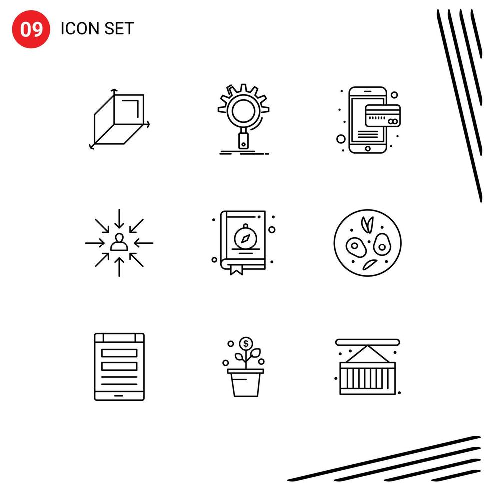 Mobile Interface Outline Set of 9 Pictograms of book selection card focus choice Editable Vector Design Elements